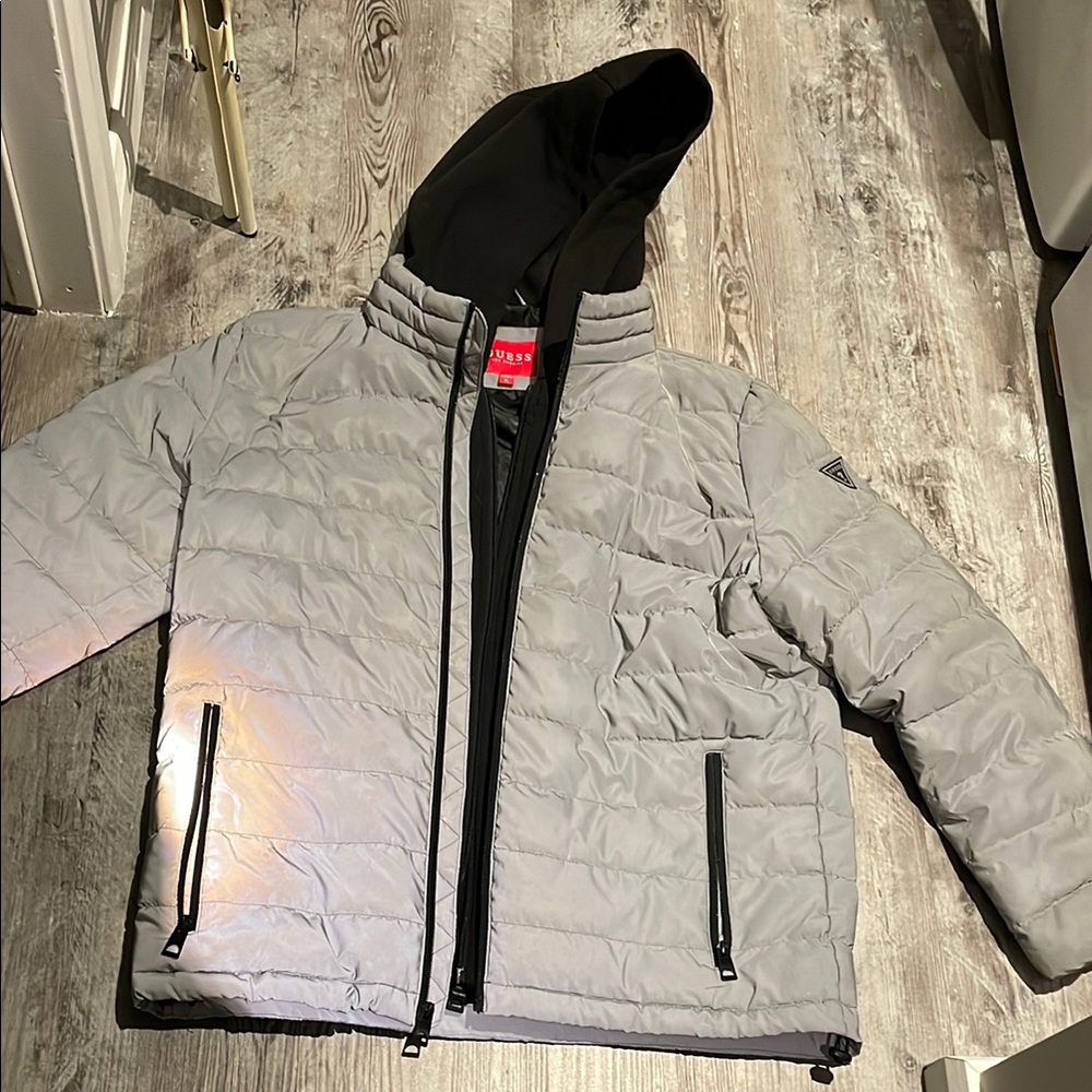 Gray Puffer Jacket with Black Hood